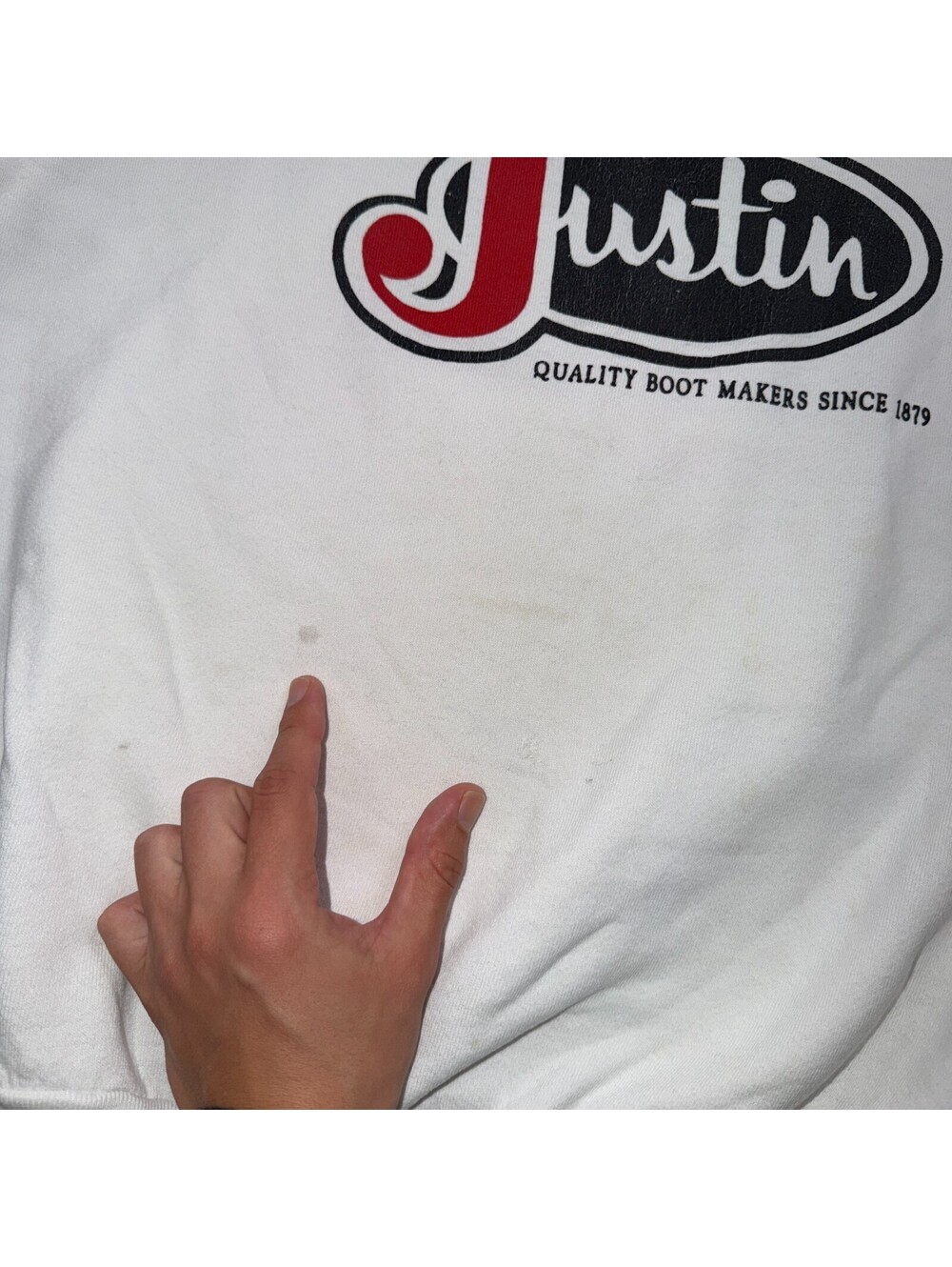 VTG Justin Boots Logo Promo Sweatshirt White Western Cowboy USA XL 1980s 80s - Picture 9 of 13